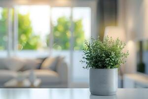AI generated Green plant in cafe with bokeh background, interior design concept photo