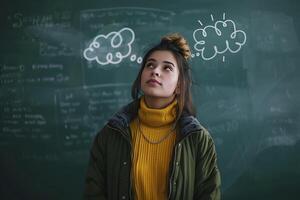 AI generated Thoughtful young woman standing in front of a blackboard and thinking photo