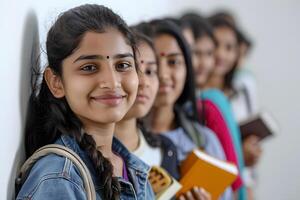 AI generated indian high school students with notebooks and backpack smiling at the camera photo