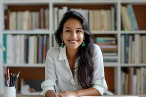 AI generated Happy young Indian woman with long hair in study room photo