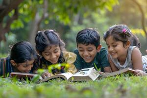 ai generado grupo de contento niños leyendo un libro juntos en el parque. educación concepto. foto