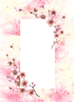 een bloeiende Afdeling van voorjaar boom sjabloon illustratie. hand- getrokken bloesems sakura, kers of appel bloemknoppen en bloemen Aan waterverf bekladden spatten achtergrond. lente kaart illustratie png