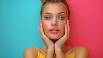 AI generated Vivid portrait of a young woman with playful makeup and pink nails against a vibrant turquoise and fuchsia backdrop, embodying summery flair. photo