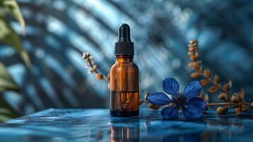 AI generated Amber serum bottle with dropper on a reflective surface, accompanied by a striking blue flower and botanicals, set against a cool blue backdrop. photo