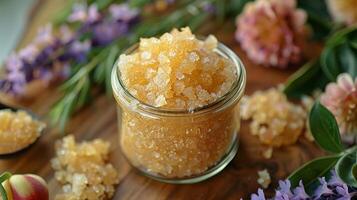 AI generated Jar of golden sugar body scrub on a wooden backdrop, surrounded by soft hydrangeas, evoking a spa-like atmosphere of natural skincare indulgence. photo