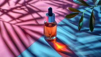 AI generated Elegant dropper bottle with serum, cast in dynamic blue and pink shadows with natural leaf patterns, embodying modern skincare luxury photo