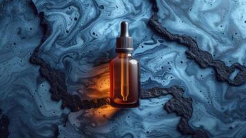 AI generated A dropper bottle of serum poised on a marbled blue background, emanating a luxurious and organic essence, ideal for skincare branding photo