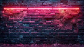 AI generated A textured brick wall bathed in dramatic neon lights, creating a striking urban backdrop with a vivid red and blue color gradient. photo