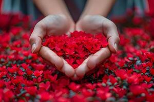 AI generated Womans Hands Holding Red Flowers in Heart Shape Generative AI photo