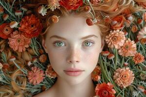 AI generated Woman Adorned With Flowers in Her Hair Generative AI photo