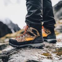AI generated Hiking comfortable boots on a rock in the mountains side view. AI-generated content. photo
