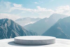 AI generated White podium for product presentation against the background of mountains. AI-generated content. photo