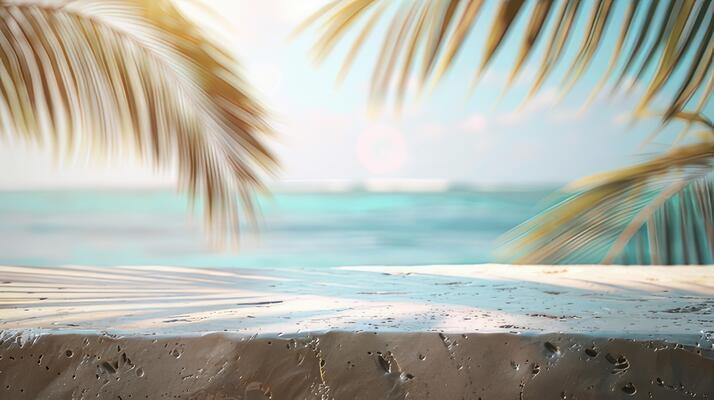 AI generated Gray stone podium against the backdrop of a summer seascape. Free space for product advertising. AI-generated content.