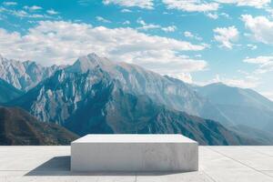 AI generated White square podium for product presentation against the background of mountains. AI-generated content. photo