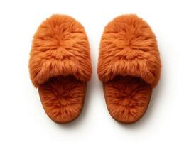 AI generated Brown fluffy comfortable home slippers on a white background, top view. AI-generated content. photo