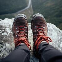 AI generated Hiking comfortable boots on a rock in the mountains, top view. AI-generated content photo