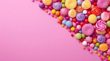 AI generated Colorful candies on pink background. Top view, copy space photo