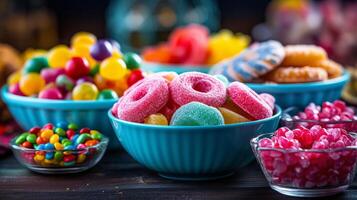 AI generated Colorful candies in bowls on wooden background. Selective focus. photo