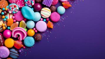 AI generated Colorful candies on purple background. Top view with copy space photo