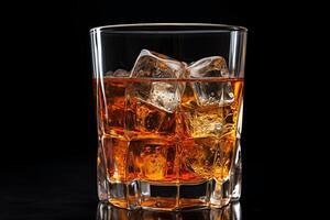 AI generated Glass of whiskey with ice cubes on wooden table. Black background. photo