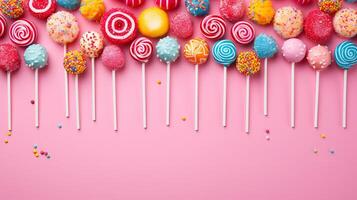 AI generated Colorful candies on pink background. Top view with copy space photo