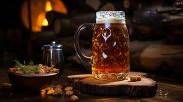 AI generated Mug of beer on a wooden table in front of a fireplace photo