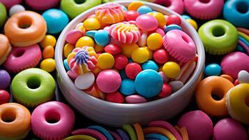 AI generated Colorful candies in a bowl on a dark background close up photo