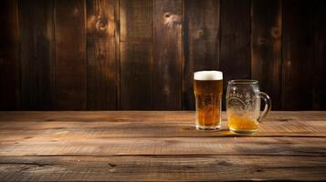 AI generated Beer glasses on a wooden table. Beer background. Beer background. photo