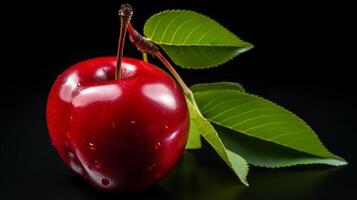 AI generated Red cherry with green leaf isolated on black background. Fresh fruit. photo