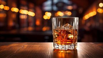 AI generated Glass of whiskey with ice cubes on wooden table at bar counter in pub photo