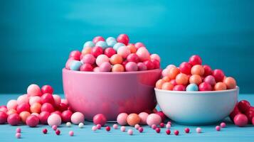 AI generated Colorful candies in bowl on blue background. Toned. photo