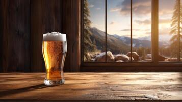 ai generado vaso de cerveza en de madera mesa en frente de ventana con montaña paisaje foto