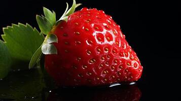 AI generated strawberry on a black background with water drops, close up photo