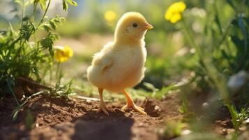 ai generado pequeño amarillo pollo en el césped en el Dom a puesta de sol. Pascua de Resurrección concepto. foto