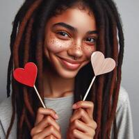 ai generado un joven niña con oscuro piel y pecas sostiene dos corazones en su manos. San Valentín día foto