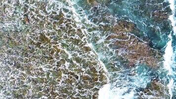 dar visie van bovenstaand van de koraal riffen en golven Aan de stranden van de Maldiven. video