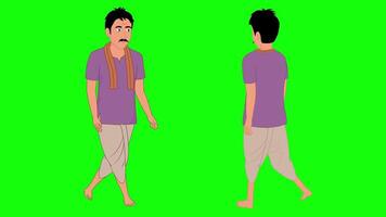 indiano Vila homem desenho animado personagem caminhando verde tela ciclo animação video