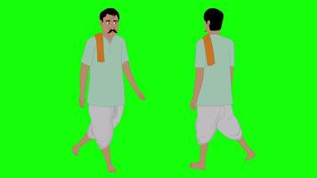 Vila homem desenho animado personagem caminhando verde tela ciclo animação video