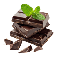 AI generated sweet Chocolate with mint leaves on broken pieces isolated on transparent background Generative AI png