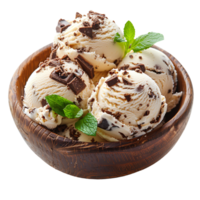 AI generated Vanilla ice cream with chocolate pieces in a wooden bowl PNG. Ice cream bowl isolated png