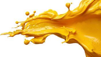 AI generated Yellow paint splash top view PNG. Yellow paint explosion all over isolated flat lay. Yellow color splatter PNG