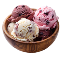 AI generated Vanilla ice cream with chocolate pieces in a wooden bowl PNG. Ice cream bowl isolated png