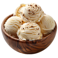 AI generated Vanilla ice cream with chocolate pieces in a wooden bowl PNG. Ice cream bowl isolated png