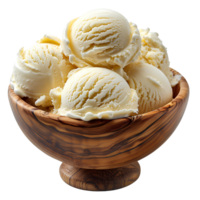 AI generated Vanilla ice cream in a wooden bowl PNG. Ice cream bowl isolated png