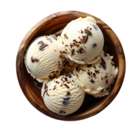 AI generated Vanilla ice cream with chocolate pieces in a wooden bowl PNG. Ice cream bowl isolated png