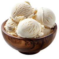 AI generated Vanilla ice cream in a wooden bowl PNG. Ice cream bowl isolated png