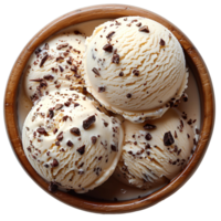 AI generated Vanilla ice cream with chocolate pieces in a wooden bowl PNG. Ice cream bowl isolated png