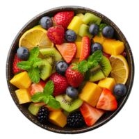 AI generated Fruit salad PNG. Fresh organic fruit bowl full of healthy fruit as summertime snack PNG. Strawberry, kiwi, mango, orange, lemon salad. Fruit salad top view PNG. Bowl of fruit png