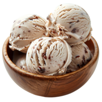 AI generated Vanilla ice cream with chocolate pieces in a wooden bowl PNG. Ice cream bowl isolated png