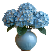 AI generated bouquet of flowers in a ceramic vase PNG. Bouquet of blue Hydrangea flowers isolated. Flowers in vase PNG. Blooming flowers png